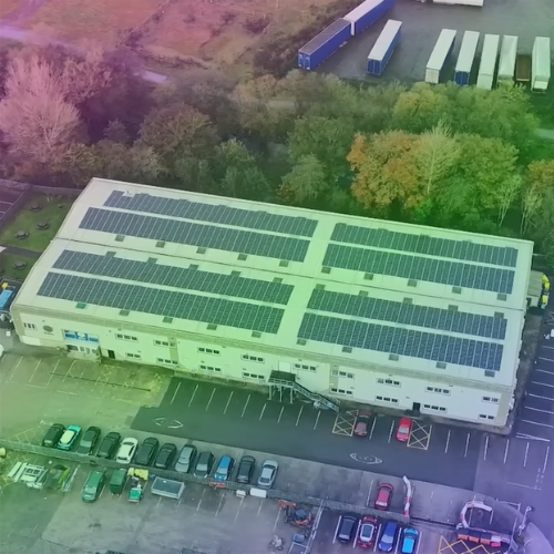 Aerial shot of Daisy's Nelson office, showcasing their newly installed solar panels